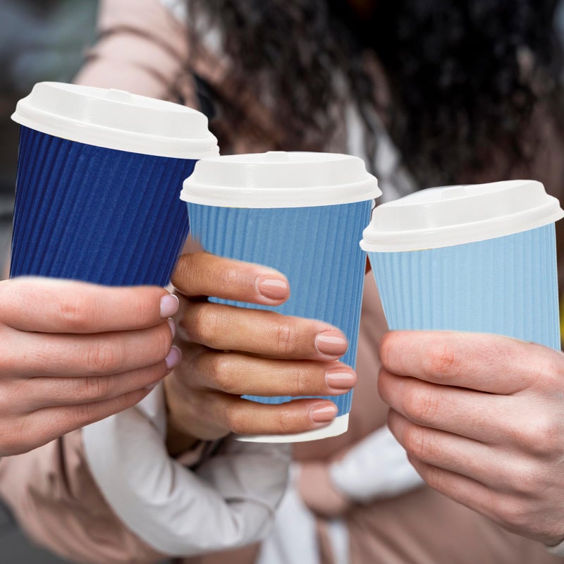 Whaline 100Pcs Dusty Blue Disposable Coffee Cups with Lids 12oz Gradient Blue Summer Paper Cups Corrugated Ripple Wall Insulated Hot Cups for Home Office Party Supplies - Image 5