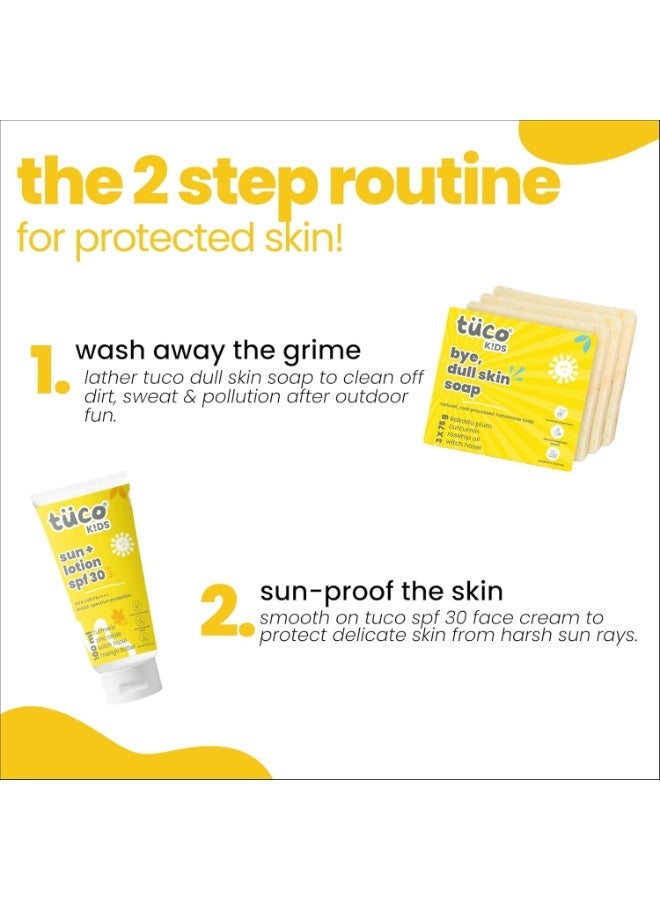 TuCo SPF 30 All Skin Kids Dull Skin Soap (75 gm x 3) & Sunscreen Lotion (100 ml) | Safe For Kids | Ages 2-5, 5-10, 10-15 | Paraben & Sulfate Free | Pack of 4 - Image 2