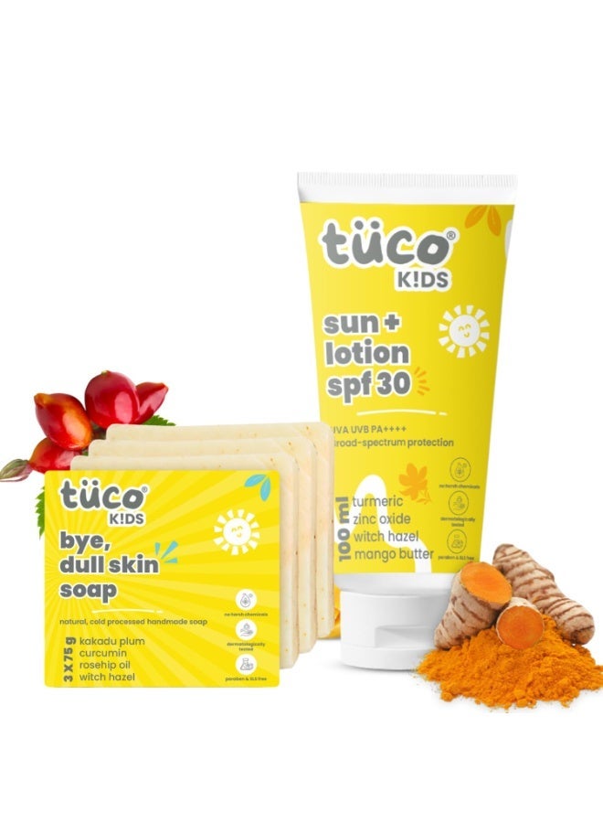 TuCo SPF 30 All Skin Kids Dull Skin Soap (75 gm x 3) & Sunscreen Lotion (100 ml) | Safe For Kids | Ages 2-5, 5-10, 10-15 | Paraben & Sulfate Free | Pack of 4 - Image 1