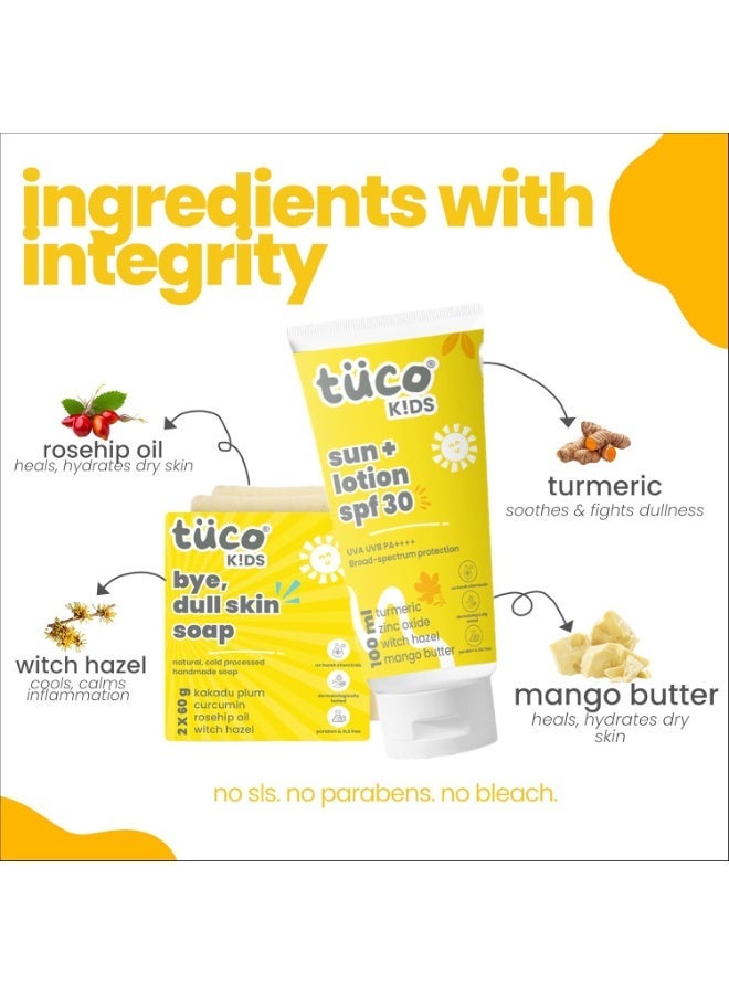 TuCo SPF 30 All Skin Kids Dull Skin Soap (75 gm x 3) & Sunscreen Lotion (100 ml) | Safe For Kids | Ages 2-5, 5-10, 10-15 | Paraben & Sulfate Free | Pack of 4 - Image 3
