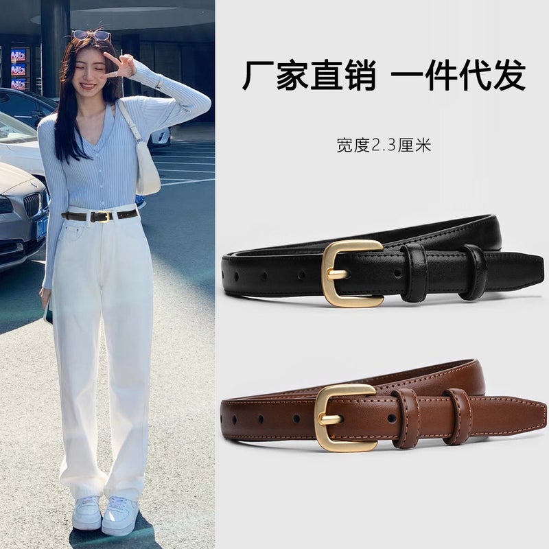 Leather Belt girls' leather simple all-match high-grade pants belt women's leather black pin buckle decoration simple ins style - Image 2