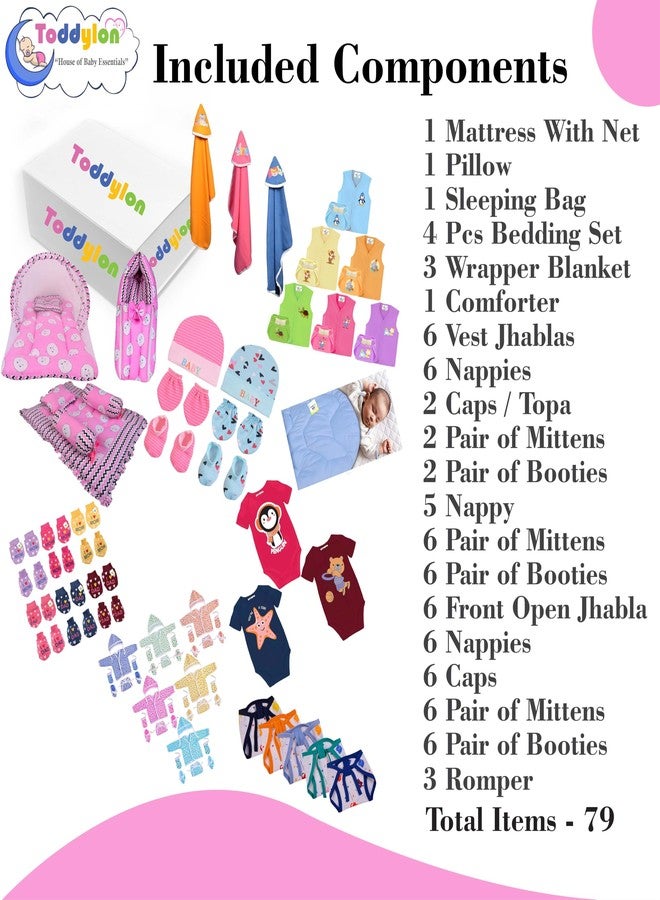 Toddylon 79 in 1 New Born Baby Products All Complete Daily Essentials Combo for Baby Boys & Baby Girls | Gift Packs | Bedding & Clothing | Hospital Kit | Baby Shower (0-6 Months) Pink - Image 3