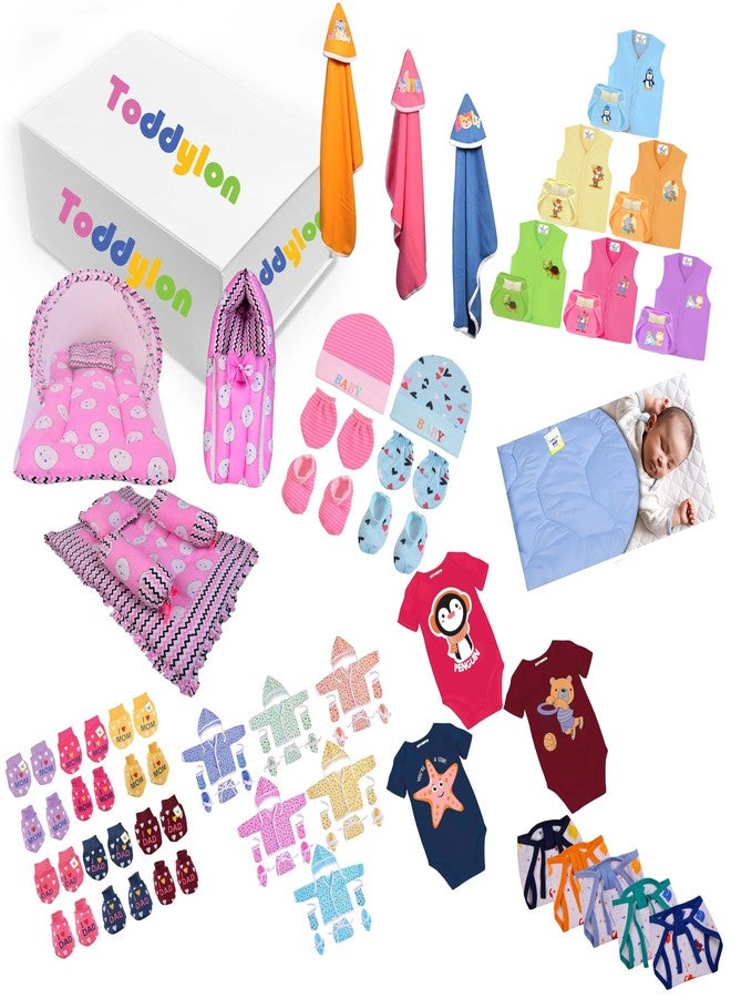 Toddylon 79 in 1 New Born Baby Products All Complete Daily Essentials Combo for Baby Boys & Baby Girls | Gift Packs | Bedding & Clothing | Hospital Kit | Baby Shower (0-6 Months) Pink - Image 1