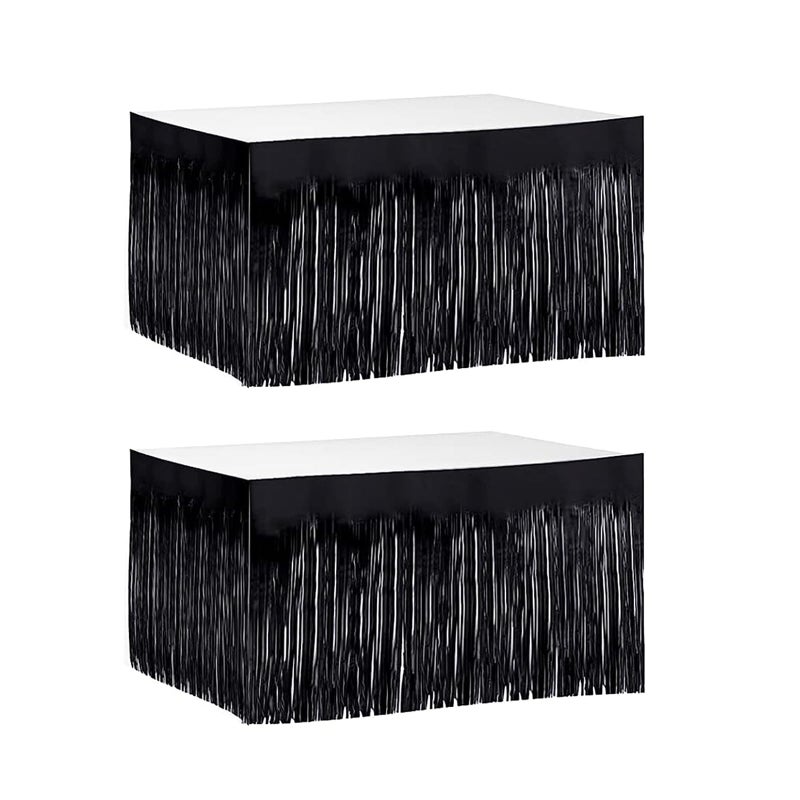 LabZhang 2 Pack 29.5x168 Inch Metallic Foil Fringe Tinsel Table Skirts Disposable Table Skirt for Parade Floats  Mardi Gras Party  Wedding  Birthday Party(Black) - Image 1