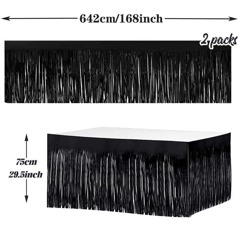 LabZhang 2 Pack 29.5x168 Inch Metallic Foil Fringe Tinsel Table Skirts Disposable Table Skirt for Parade Floats  Mardi Gras Party  Wedding  Birthday Party(Black) - Image 3