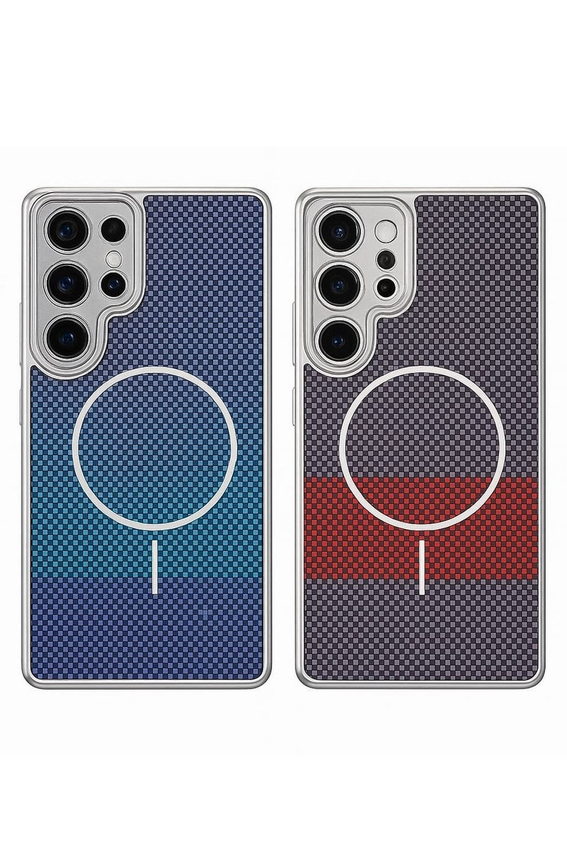 Case Club 2pcs Combo Samsung Galaxy S23 Ultra Case Combo – MagSafe-Compatible Carbon Fiber Texture Protective Back Cover – Dual Pack (Blue Gradient & Red Stripe)