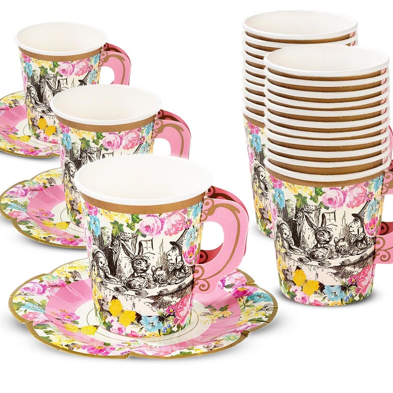 Talking Tables Truly Alice Alice in Wonderland Mad Hatter Party Cup Set with Handle and Saucers in 3 Designs for a Tea Party or Birthday - Image 1