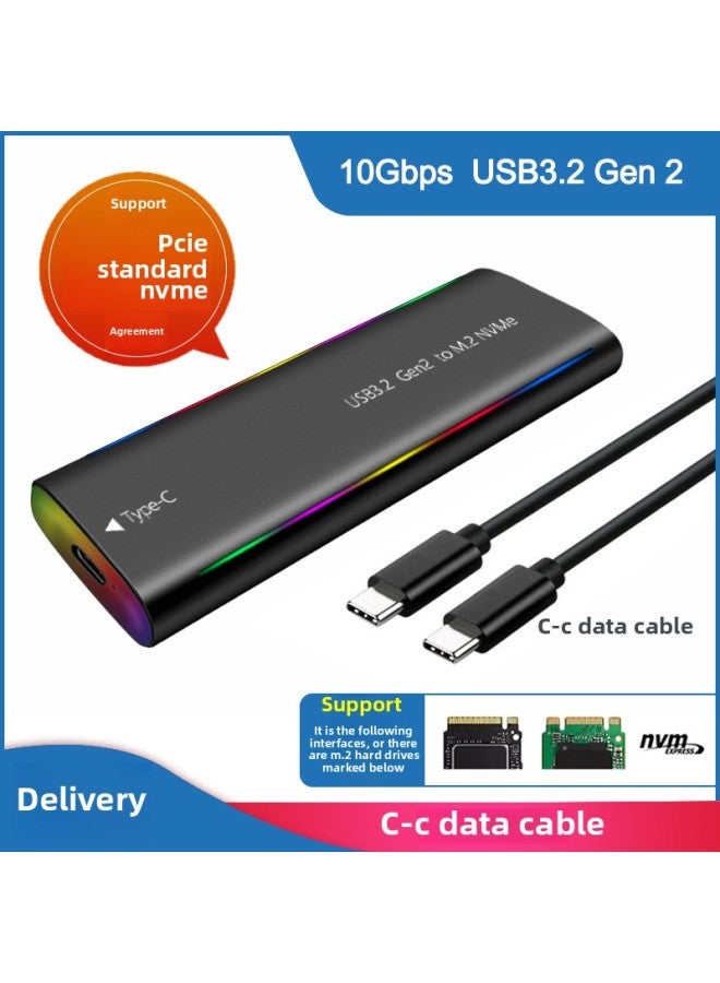 M.2 Solid State USB3.1NGFF  Nvme Protocol Hard Disk Box Type-C RGB Light Aluminum Alloy Mobile Hard Disk Box-Color:TP08-L-CC(NVME Protocol) Black