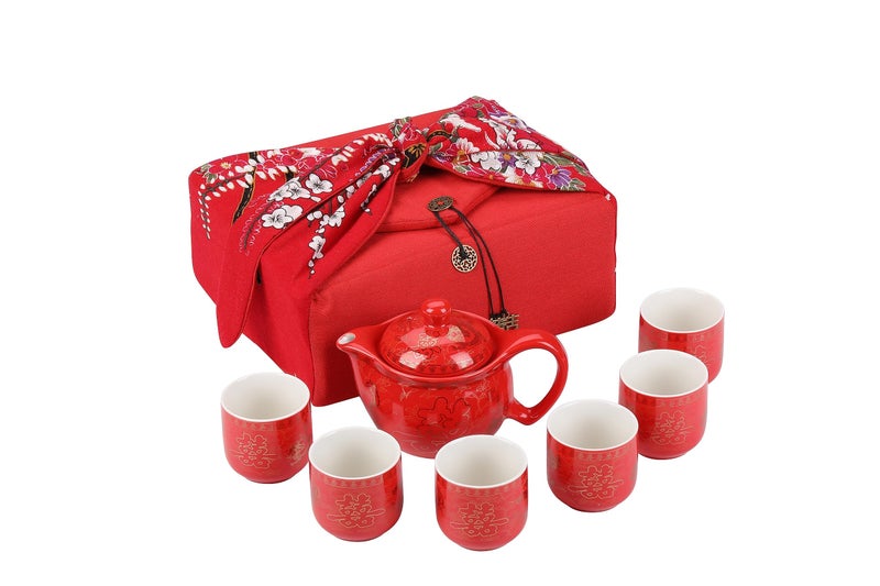 طقم شاي صيني أحمر من IMART - طقم شاي زفاف صيني - طقم شاي تقليدي آسيوي مع 1 إبريق شاي و 6 أكواب شاي و 1 صندوق هدايا