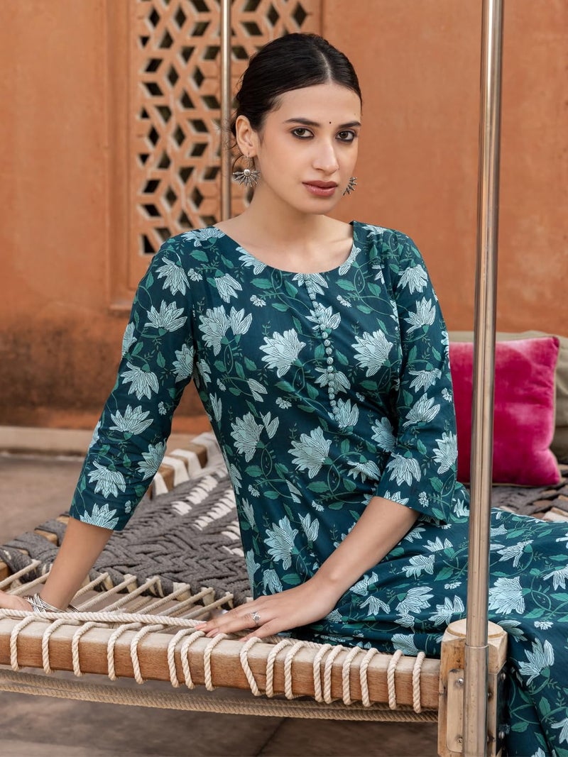 FIORRA Women's Teal Floral Printed Cotton Flared Kurta - Image 5