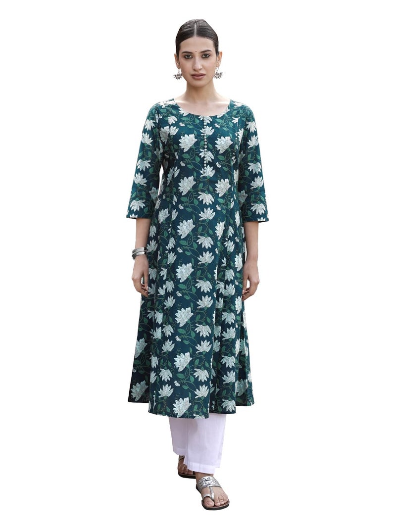 FIORRA Women's Teal Floral Printed Cotton Flared Kurta - Image 1