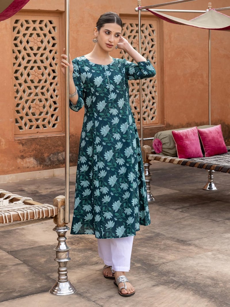 FIORRA Women's Teal Floral Printed Cotton Flared Kurta - Image 4