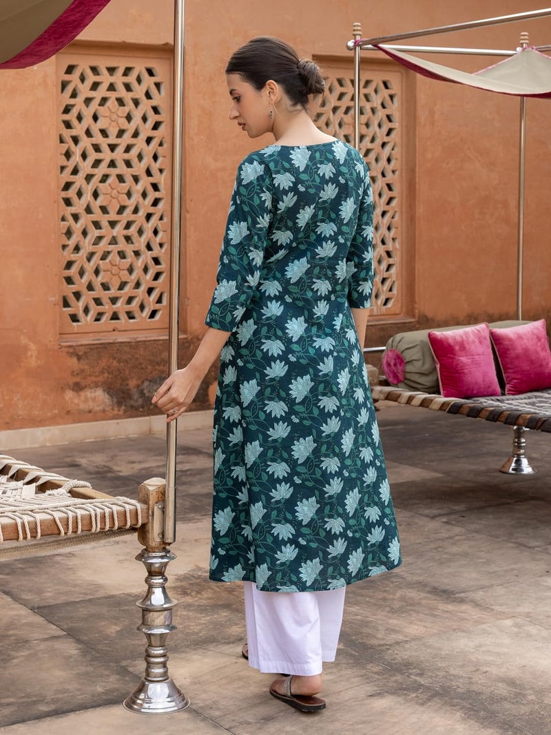 FIORRA Women's Teal Floral Printed Cotton Flared Kurta - Image 3