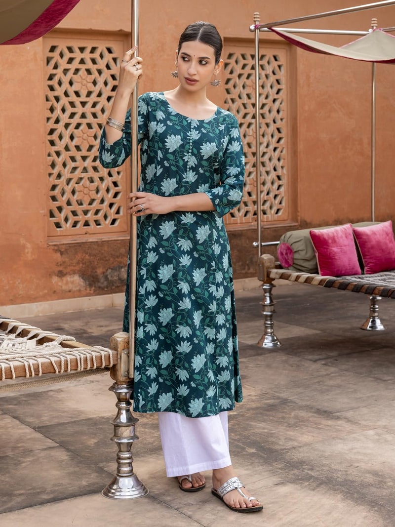 FIORRA Women's Teal Floral Printed Cotton Flared Kurta - Image 2