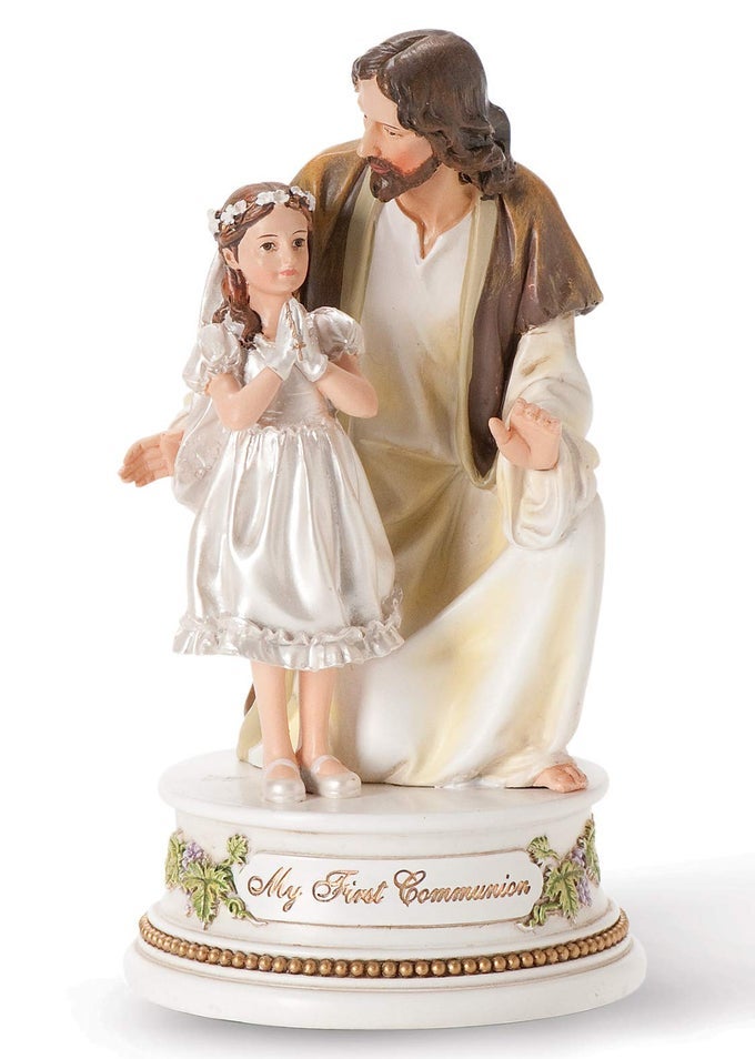 JOSEPHS STUDIO BY ROMAN JESUS WITH PRAYING GIRL MY FIRST COMMUNION FIGURE 725 H MUSICAL RESIN AND STONE TABLETOP OR DESK DISPLAY DECORATIVE COLLECTION DURABLE LONG LASTING