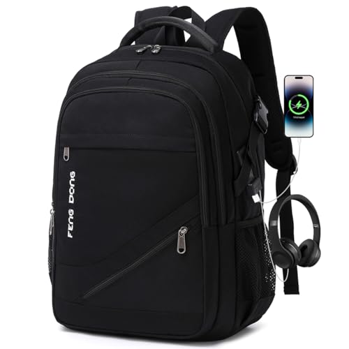 FENGDONG Durable Waterproof Travel Laptop Backpack 17.3 inch,Large College Backpack Bookbag for Men & Women Business Backpack with USB Charging Port and Headset Port Black - Image 1