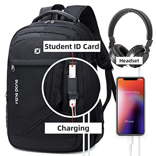 FENGDONG Durable Waterproof Travel Laptop Backpack 17.3 inch,Large College Backpack Bookbag for Men & Women Business Backpack with USB Charging Port and Headset Port Black - Image 3