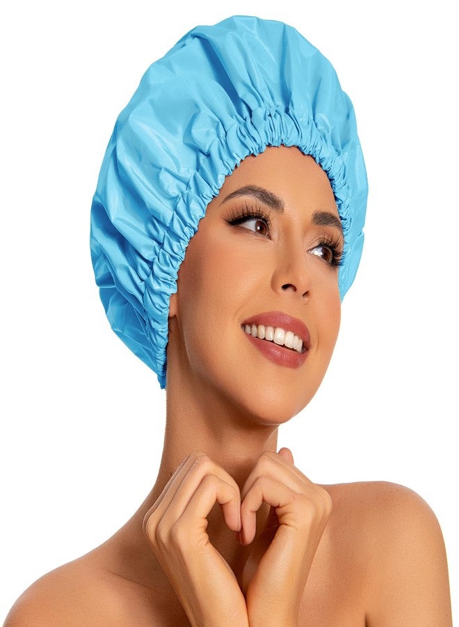 Edoneery Reusable Shower Cap for Women, Large Waterproof Shower Bonnet with Elastic Band, Washable Bath Hair Cap for Long, Curly Hair, Braids, Daily Shower, Home Spa, Travel(Lake Blue) - Image 1