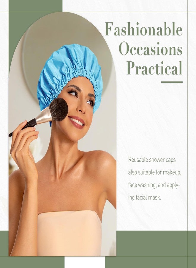 Edoneery Reusable Shower Cap for Women, Large Waterproof Shower Bonnet with Elastic Band, Washable Bath Hair Cap for Long, Curly Hair, Braids, Daily Shower, Home Spa, Travel(Lake Blue) - Image 2