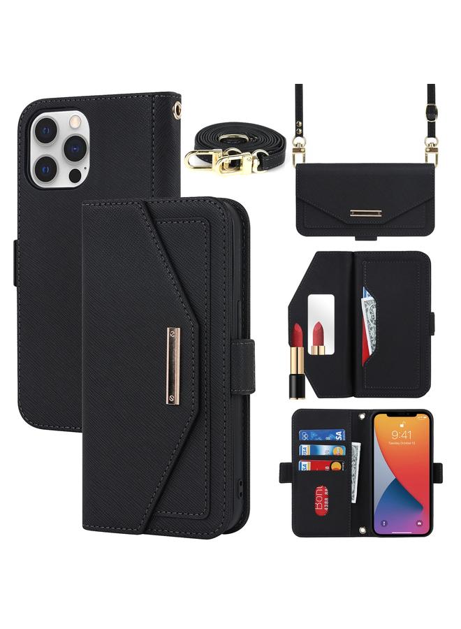 Zaboon Case For iPhone 12 / 12 Pro Cross Texture Lanyard Leather Phone Case - Image 1