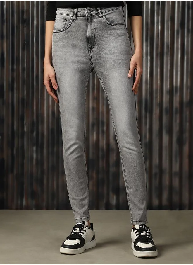 هاي ستار Women Jeans in Grey featuring Skinny Fit fit with a washed pattern, regular length, secured with button closure, crafted from cotton – designed to make a statement wherever you go.