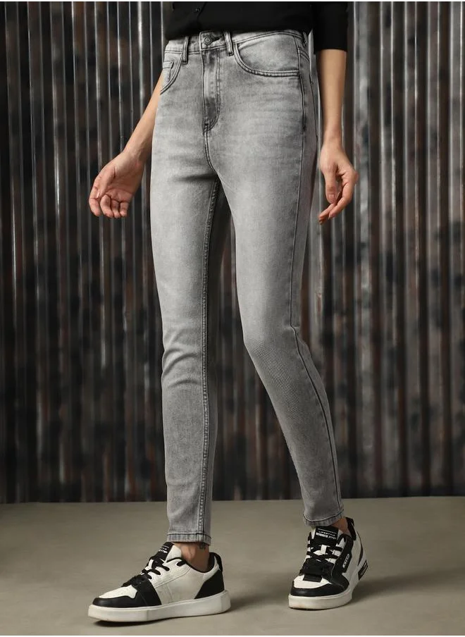 هاي ستار Women Jeans in Grey featuring Skinny Fit fit with a washed pattern, regular length, secured with button closure, crafted from cotton – designed to make a statement wherever you go.