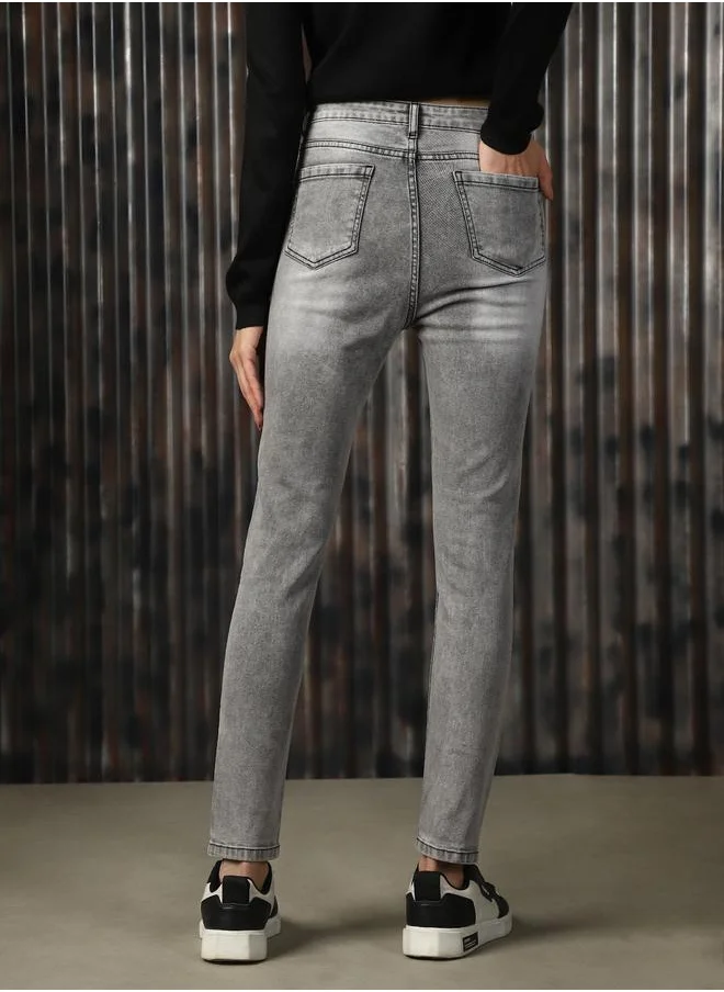هاي ستار Women Jeans in Grey featuring Skinny Fit fit with a washed pattern, regular length, secured with button closure, crafted from cotton – designed to make a statement wherever you go.
