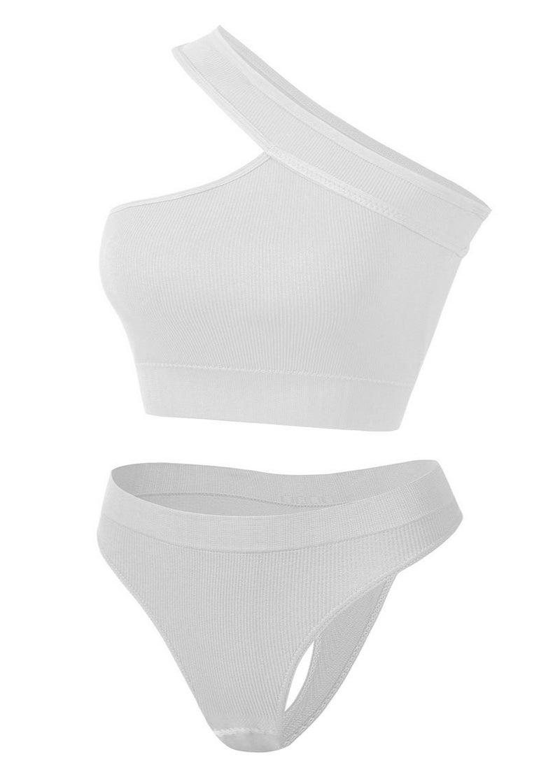 Loquat Women's Solid Color Sport Fitness Lingerie Set 2-piece Seamless Wireless Slanted Shoulders Vest+Low Waist Briefs Sport Suit White 