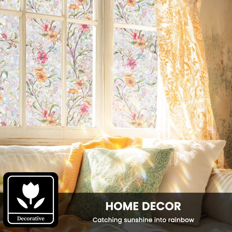 FEOMOS فيلم زجاج ملون من فيوموس، فيلم خصوصية للنوافذ مع حجب الشمس والأشعة فوق البنفسجية، تينت نافذة ملصق زهور ثابت، ملصق زخرفي قوس قزح للمنزل 17.7 x 78.7 بوصة - Image 2