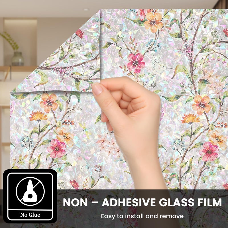 FEOMOS فيلم زجاج ملون من فيوموس، فيلم خصوصية للنوافذ مع حجب الشمس والأشعة فوق البنفسجية، تينت نافذة ملصق زهور ثابت، ملصق زخرفي قوس قزح للمنزل 17.7 x 78.7 بوصة - Image 5