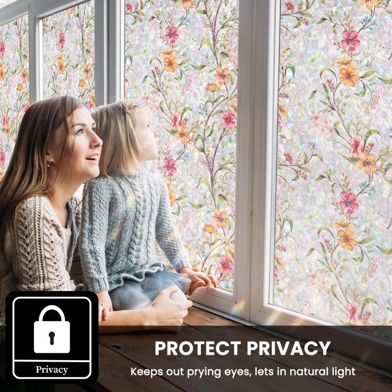 FEOMOS فيلم زجاج ملون من فيوموس، فيلم خصوصية للنوافذ مع حجب الشمس والأشعة فوق البنفسجية، تينت نافذة ملصق زهور ثابت، ملصق زخرفي قوس قزح للمنزل 17.7 x 78.7 بوصة - Image 3