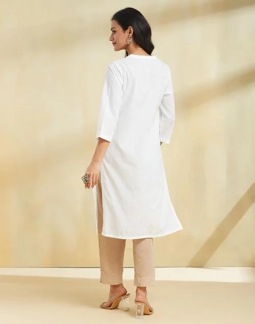 Fabindia White Cotton Chikankari Knee Length Kurta