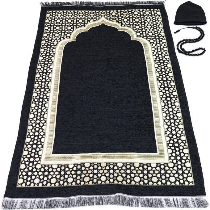 TURKISH ISLAMIC PRAYER MAT THIN WOVEN CHENILLE SAJJADAH INTRICATE PRAYING RUG RAMADAN EID GIFT TRADITIONAL MUSLIM JANAMAZ SAJADA FOR MEN WOMEN GEOMETRIC SELCUK STAR BLACK