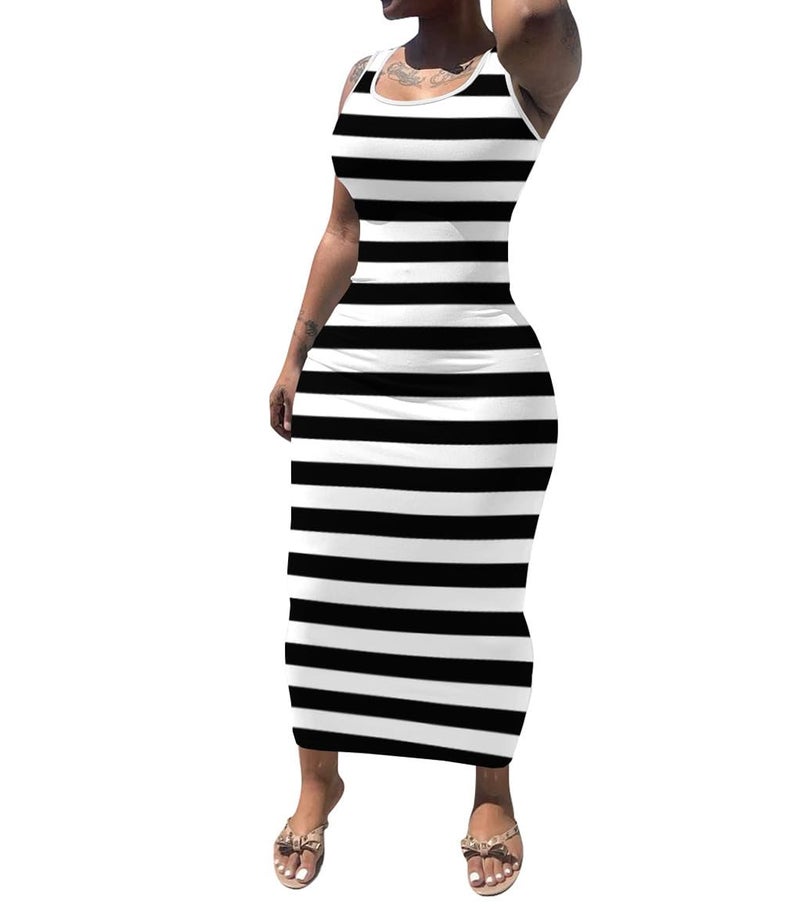 PINSV Women's Sexy Bodycon Tank Dress Basic Sleeveless Long Maxi Dresses Party Club Beach Sundresses Black Striped Print XL - Image 3