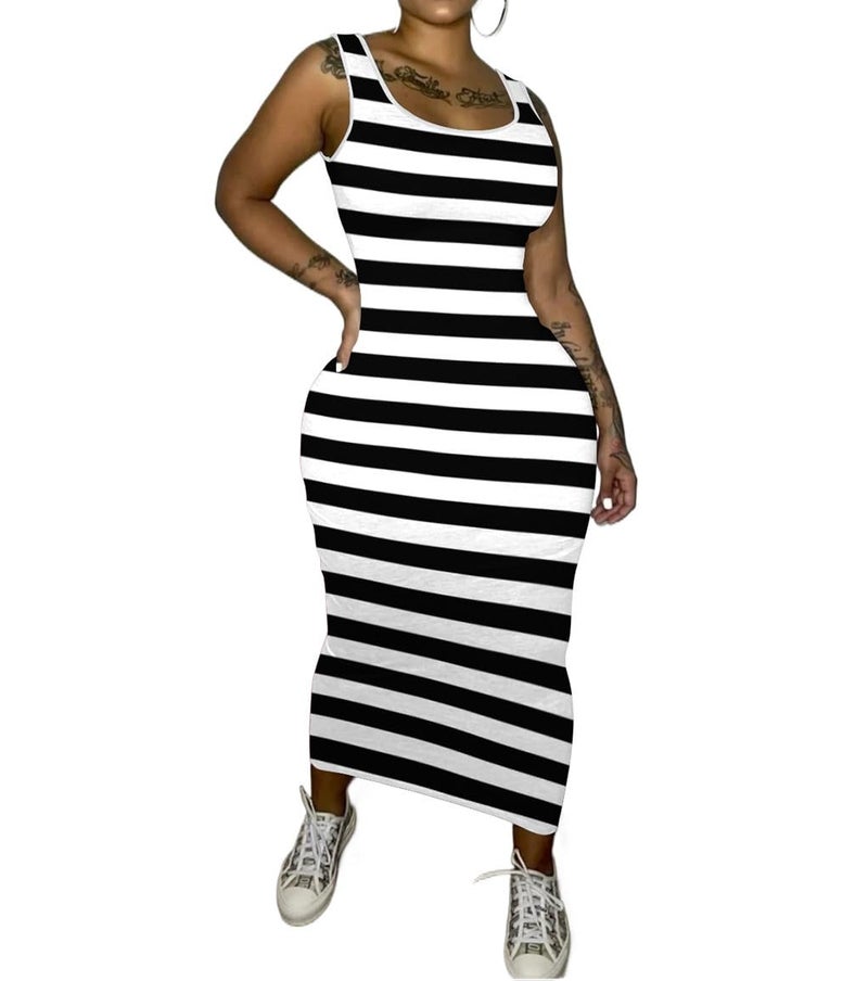 PINSV Women's Sexy Bodycon Tank Dress Basic Sleeveless Long Maxi Dresses Party Club Beach Sundresses Black Striped Print XL - Image 2