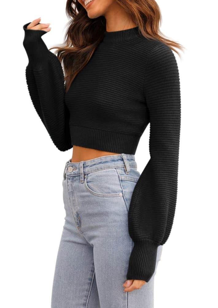 GeGekoko Womens Sexy Cropped Sweaters Pullover Long Sleeve Ribbed Knit Crop Jumper Tops Black - Image 4