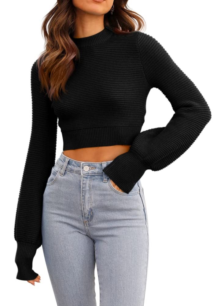GeGekoko Womens Sexy Cropped Sweaters Pullover Long Sleeve Ribbed Knit Crop Jumper Tops Black - Image 2