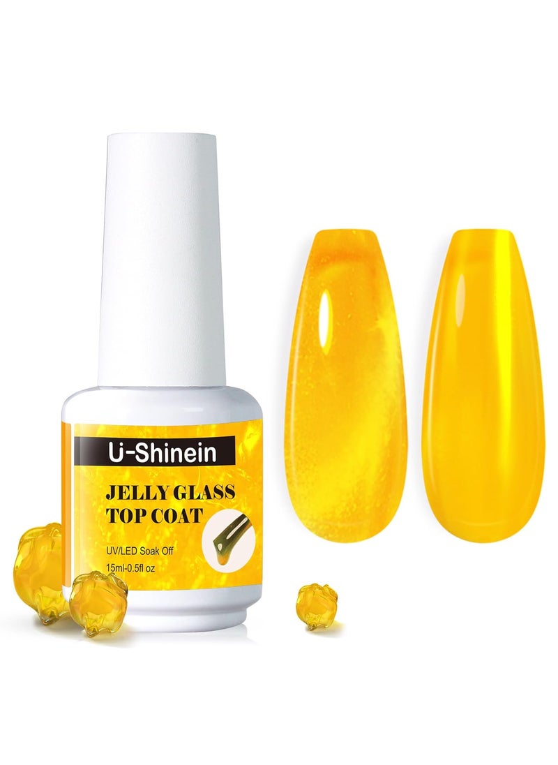 U-Shinein Jelly Gel Nail Polish, Top Coat Gel Nail Polish for Jelly Glass Finish, Sheer Golden Crystal Translucent Gel Nail Polish Jelly Glass Top Coat Gel Soak Off UV/LED for Nail Art Manicure Salon 