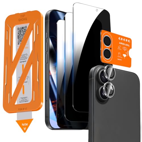 QHOHQ [1-Second Auto-Install] 3 Pack Privacy Screen Protector for iPhone 17 + 1 Set Camera Lens Protector, 25° Anti Spy Tempered Glass, [12FT Military Grade Shatterproof], Case Friendly - Image 1
