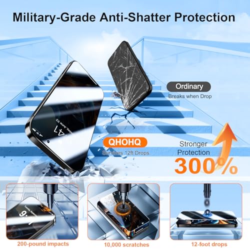 QHOHQ [1-Second Auto-Install] 3 Pack Privacy Screen Protector for iPhone 17 + 1 Set Camera Lens Protector, 25° Anti Spy Tempered Glass, [12FT Military Grade Shatterproof], Case Friendly - Image 4