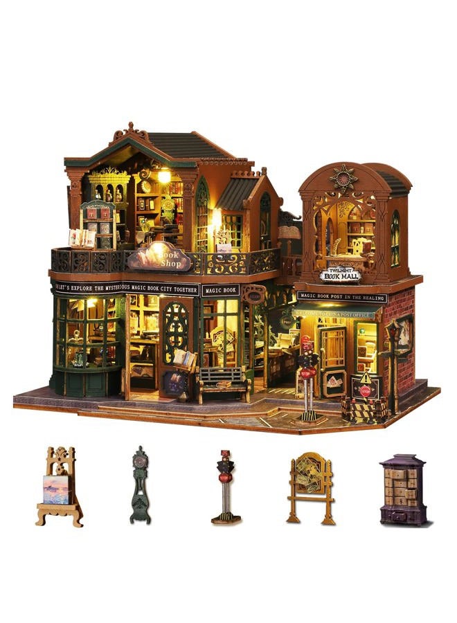 Plustopoy DIY Miniature House Kit for Adults, Mini Wooden Dollhouse Kit, Book Shop Tiny House Diorama Building Kits with Light, 3D Wooden Puzzles Bookend Shelf Insert Decor, Creative Craft - Image 1