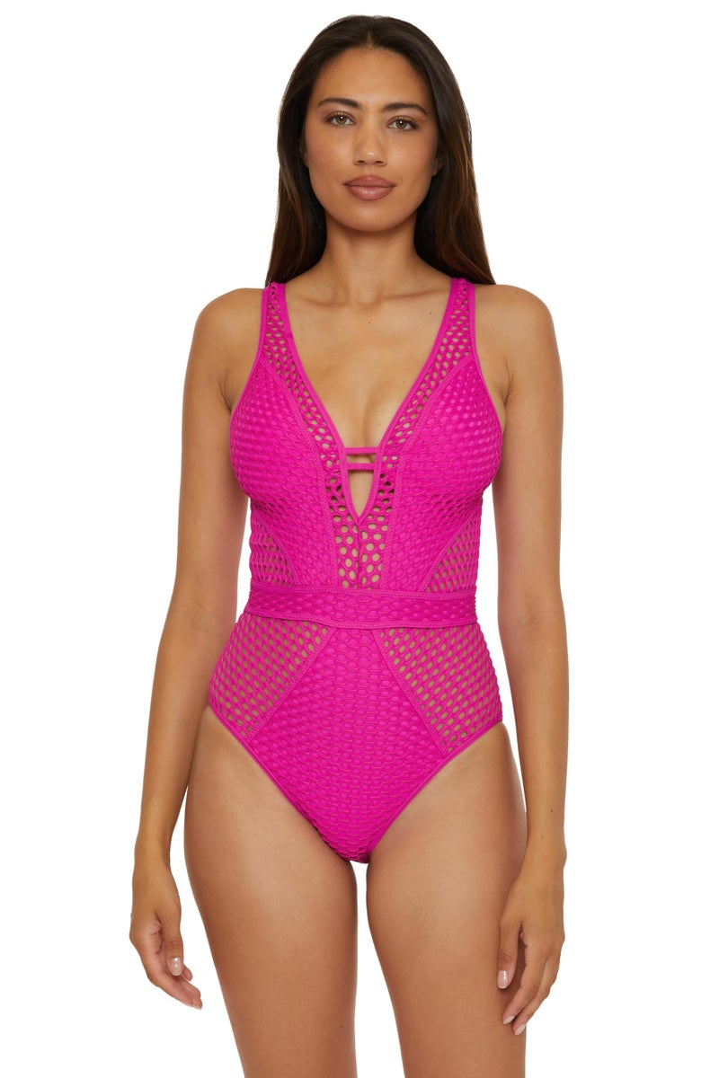 Becca Color Play - Women's One Piece Swimsuit, Plunge Neck, Crochet, Bathing Suits for Women, Azalea, Medium - Image 1