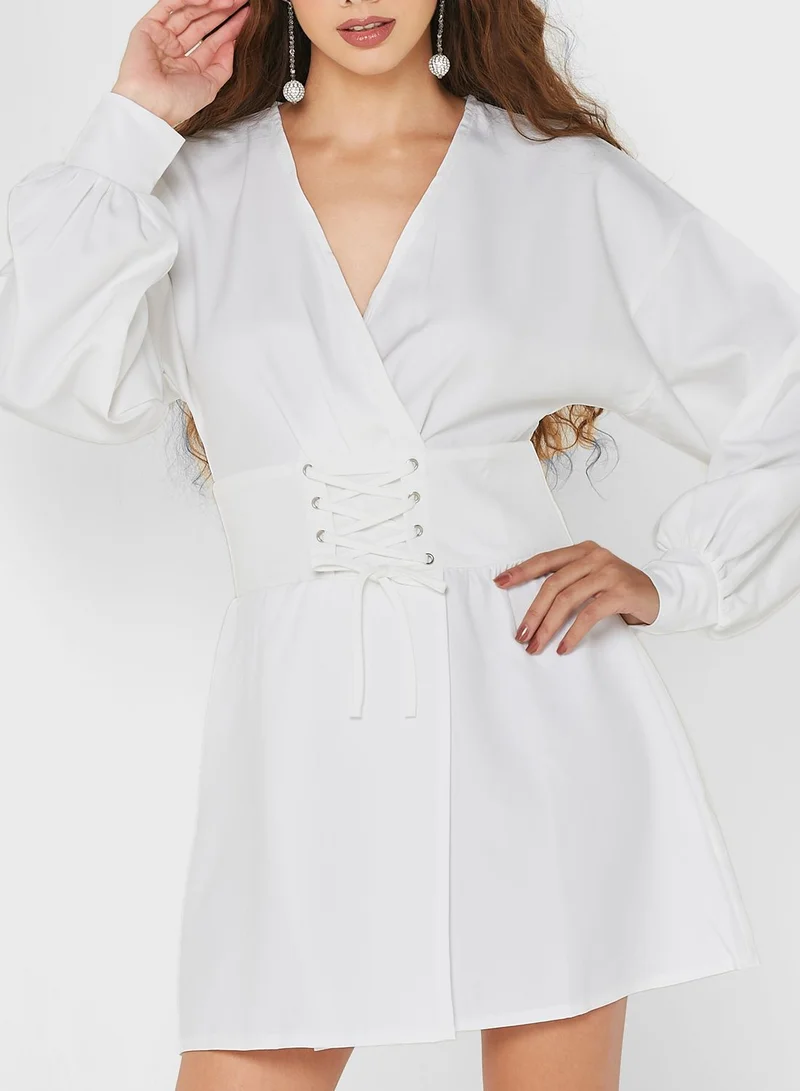 saint genies Puff Sleeve Surplice Neck Dress