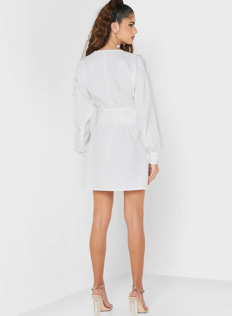 saint genies Puff Sleeve Surplice Neck Dress