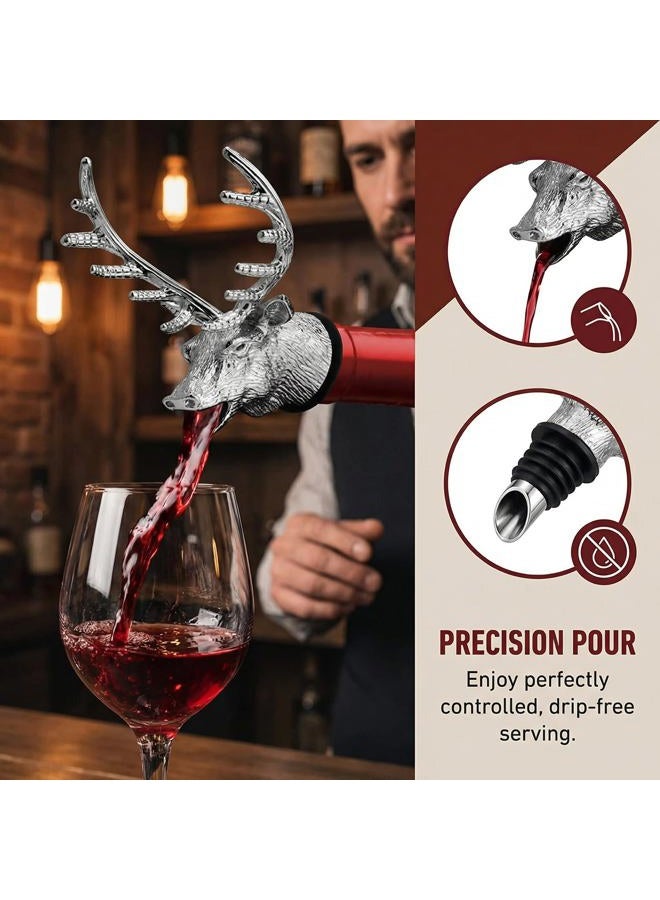 Dephnes Wine Aerator Pourer Spout Bottle Pourers for Alcohol Stainless Steel Deer Stag Head Wine Pourer Stags with Food Grade Silicone Stopper for White Red Wines Whiskey, Silver white - Image 3