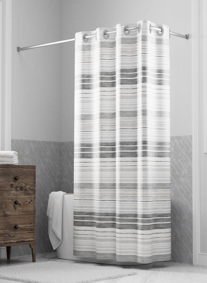 Hookless It's A Snap! Faux Silk Shower Curtain, 3-in-1 Curtain Includes Fabric Shower Curtain with Flex-On Rings & Fabric Liner with Magnets, 71" x 74", Stripe Print, Gray - Image 1