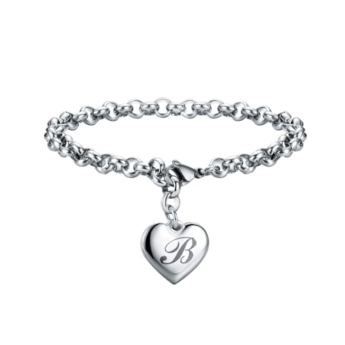 SANNYRA Charms Bracelets for Women, Heart Charm Initial Bracelet Trendy, B Letters Stainless Steel Bracelet Jewelry Confirmation Gifts for Christmas Birthday - Image 1