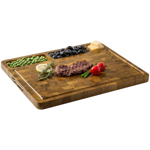THETCHRY Teak Wood Cutting Boards for Kitchen, Large Charcuterie Board with Handle, 1" Thick Butcher Block, End Grain Cutting Board, Reversible Wooden Chopping Board for Meal Prep & Serving, 17"×13" - Image 1