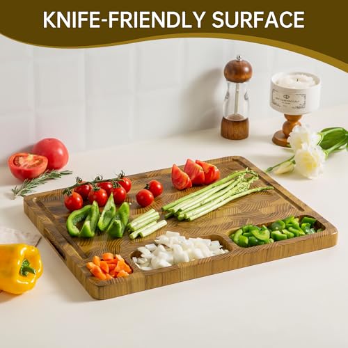 THETCHRY Teak Wood Cutting Boards for Kitchen, Large Charcuterie Board with Handle, 1" Thick Butcher Block, End Grain Cutting Board, Reversible Wooden Chopping Board for Meal Prep & Serving, 17"×13" - Image 3