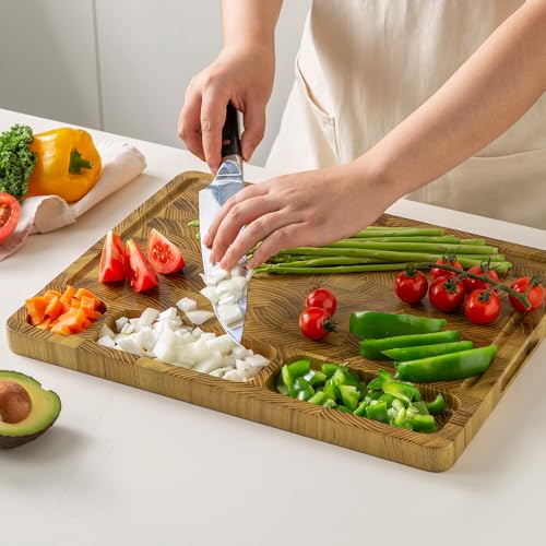 THETCHRY Teak Wood Cutting Boards for Kitchen, Large Charcuterie Board with Handle, 1" Thick Butcher Block, End Grain Cutting Board, Reversible Wooden Chopping Board for Meal Prep & Serving, 17"×13" - Image 2